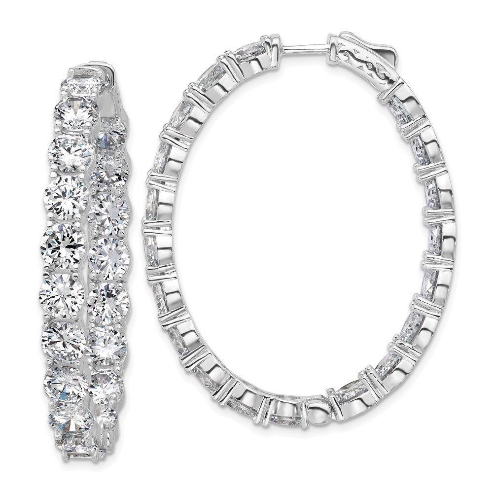 925 Sterling Silver 5.25mm Cz 38 Stone Oval In And Out Hinged Hoop Earrings
